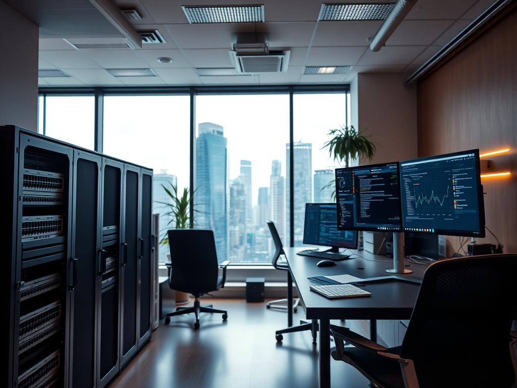 A well-lit office interior, showcasing various use cases for dedicated hosting. In the foreground, a server rack with state-of-the-art networking equipment, conveying enterprise-grade performance. On the desk, a high-end workstation running data-intensive applications, with multiple monitors displaying real-time analytics. In the background, a large window overlooking a bustling city skyline, hinting at the global connectivity enabled by dedicated hosting. The lighting is a harmonious blend of warm and cool tones, creating a professional and productive atmosphere. The camera angle is slightly elevated, providing a comprehensive view of the workspace and its specialized requirements.