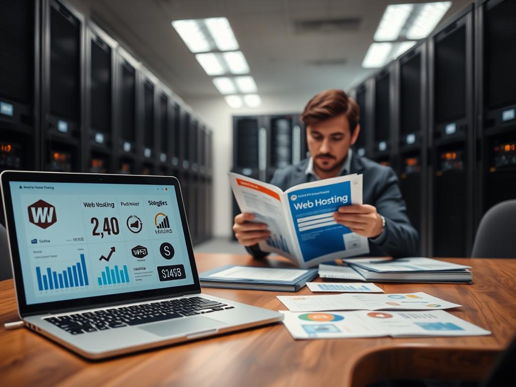 A well-lit office scene with a wooden desk showcasing various web hosting provider logos. In the foreground, a laptop displays website statistics and server specifications, hinting at the decision-making process. The middle ground features a person studying brochures and price comparisons, their expression thoughtful. The background depicts a wall of server racks, symbolizing the reliable infrastructure behind a dedicated hosting solution. The overall mood is one of considered deliberation, reflecting the importance of choosing the right hosting provider to ensure the website's security and performance.