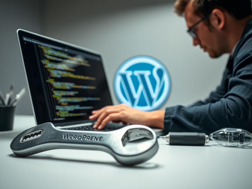 A well-organized WordPress maintenance routine, with a technician carefully inspecting code and settings on a laptop. In the foreground, a wrench and screwdriver symbolize the preventative care. The middle ground features a large WordPress logo, subtly hinting at the software's core. The background has a soft, muted palette, creating a professional, focused atmosphere. Diffused lighting illuminates the scene, emphasizing the thoughtful, proactive approach to WordPress upkeep.