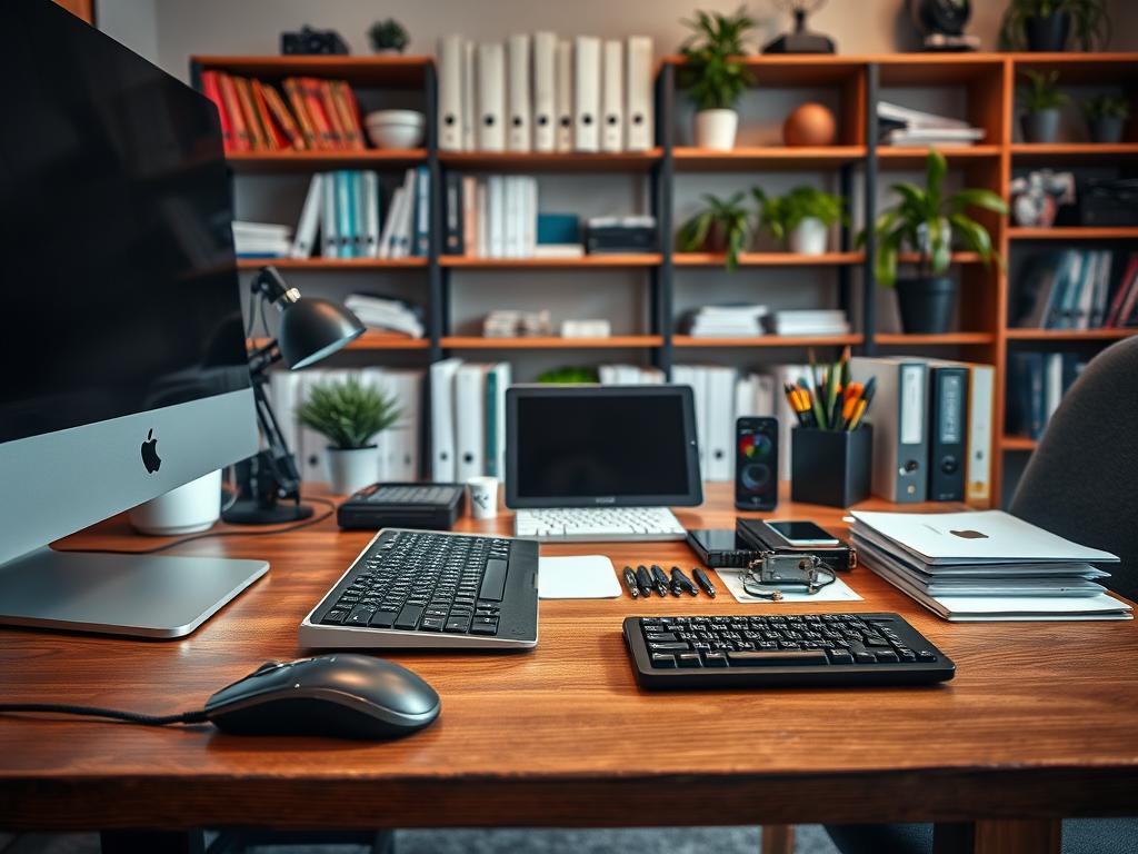 A well-organized office space with a variety of essential web maintenance tools neatly arranged on a sturdy wooden desk. In the foreground, a high-quality, high-resolution image showcases a modern desktop computer, a sleek mouse, and a comfortable ergonomic keyboard. In the middle ground, various digital devices such as a tablet, a smartphone, and a multitool with various connectors are placed strategically. The background features shelves filled with technical manuals, reference guides, and a few potted plants, creating a calm and focused atmosphere. The lighting is soft and diffused, creating a warm and inviting ambiance, perfect for a productive web maintenance session.