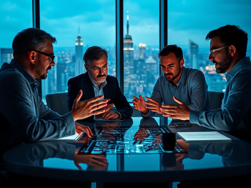 Experts closely examining the conversational technology of ChatGPT, seated around a sleek conference table, their faces illuminated by the soft glow of monitors displaying complex data visualizations. The room is bathed in a cool, minimalist lighting, with large windows offering a panoramic view of a bustling city skyline in the background. An atmosphere of intense focus and intellectual curiosity pervades the scene, as the experts engage in deep discussion, their gestures animated and their expressions thoughtful, as they delve into the intricacies of this groundbreaking AI innovation.