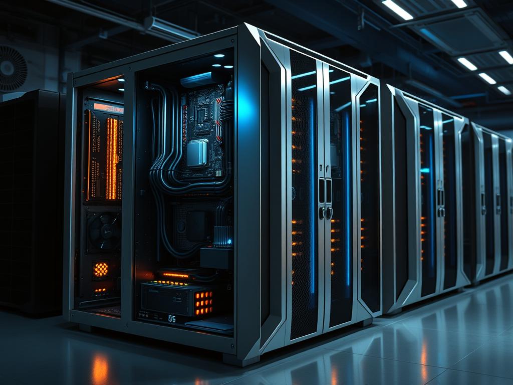 High-performance dedicated server with sleek, modern design. Gleaming silver chassis with intricate circuit board details visible through tempered glass panels. Powerful processors and cooling fans visible, casting a warm glow in a dimly lit server room. Crisp LED indicators and minimalist controls on the front panel. Elegant, angular design evokes power and efficiency. Soft shadows and highlights create depth and dimension. Cool, subdued color palette with touches of blue and green accents. Conveys a sense of advanced, enterprise-grade computing technology.