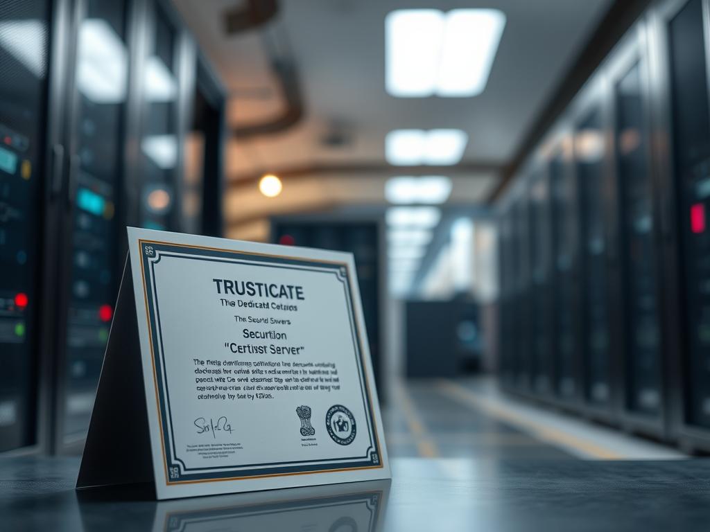 High-quality image of security certifications for a dedicated server, captured with a professional DSLR camera lens in a clean, well-lit studio setting. The certifications are displayed prominently in the foreground, conveying a sense of trust, reliability, and compliance. The background features a blurred, out-of-focus view of a modern data center or server room, suggesting the broader context of enterprise-grade hosting infrastructure. The lighting is soft and diffused, creating a sense of professionalism and attention to detail. The overall mood is one of assurance, technical expertise, and adherence to industry standards.